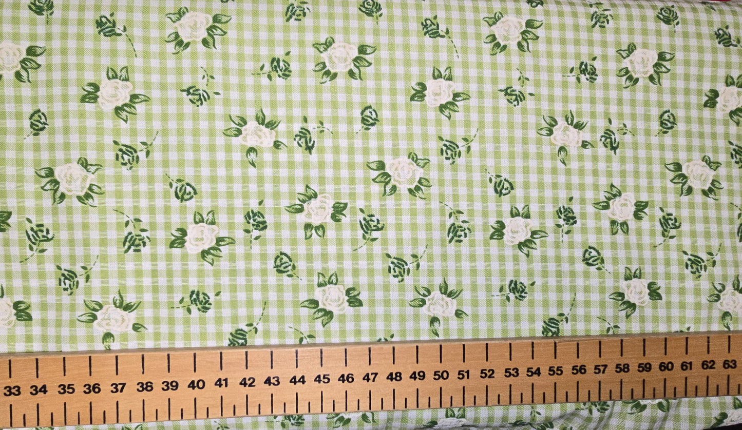 Polycotton Gingham Flower Green 3mm Check Limited! Cotton Rich!
