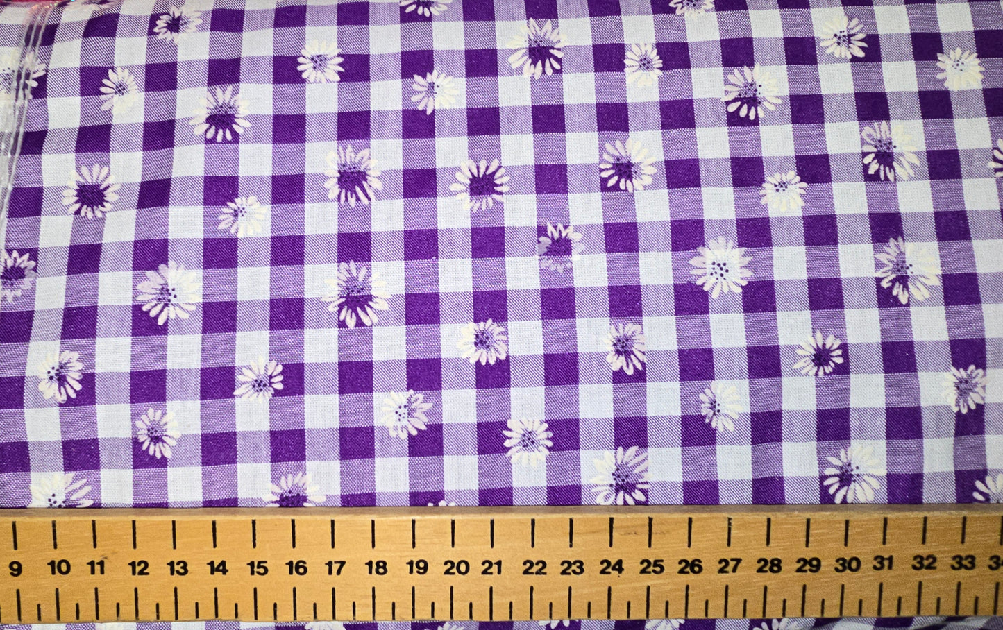 Polycotton Gingham Flower Purple 8mm Limited! Cotton Rich!