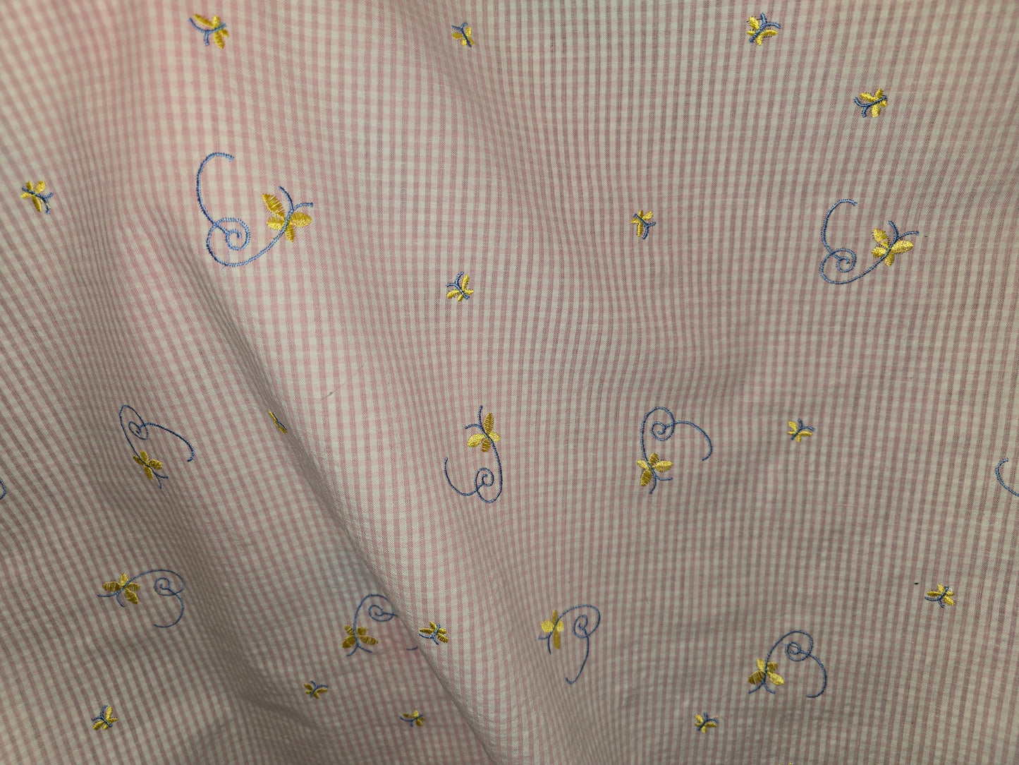 Polycotton Pink Seersucker Butterfly Gingham 112cm width