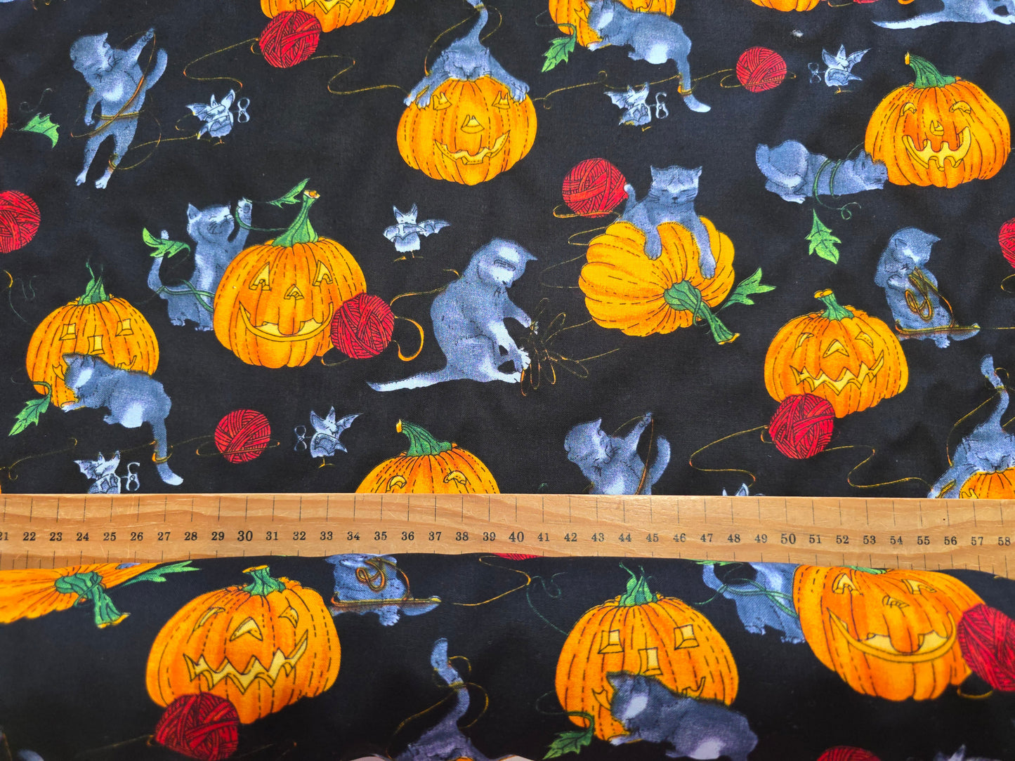 Halloween Pumpkins Cats & Red Wool on Black - 100% Cotton 137cm Width
