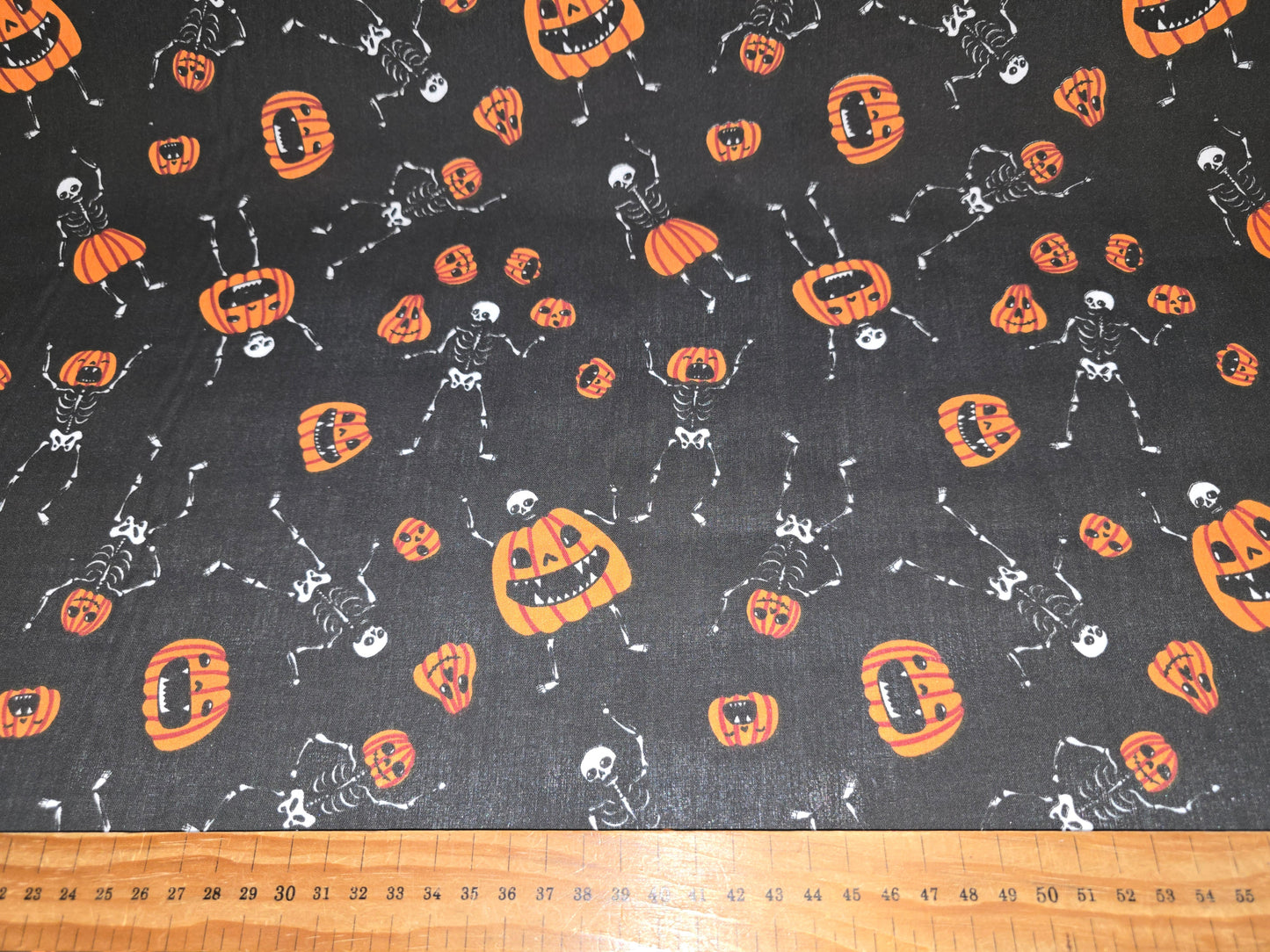 Polycotton Orange Pumpkins & Skeletons on Black - 112cm Width Halloween Fabric