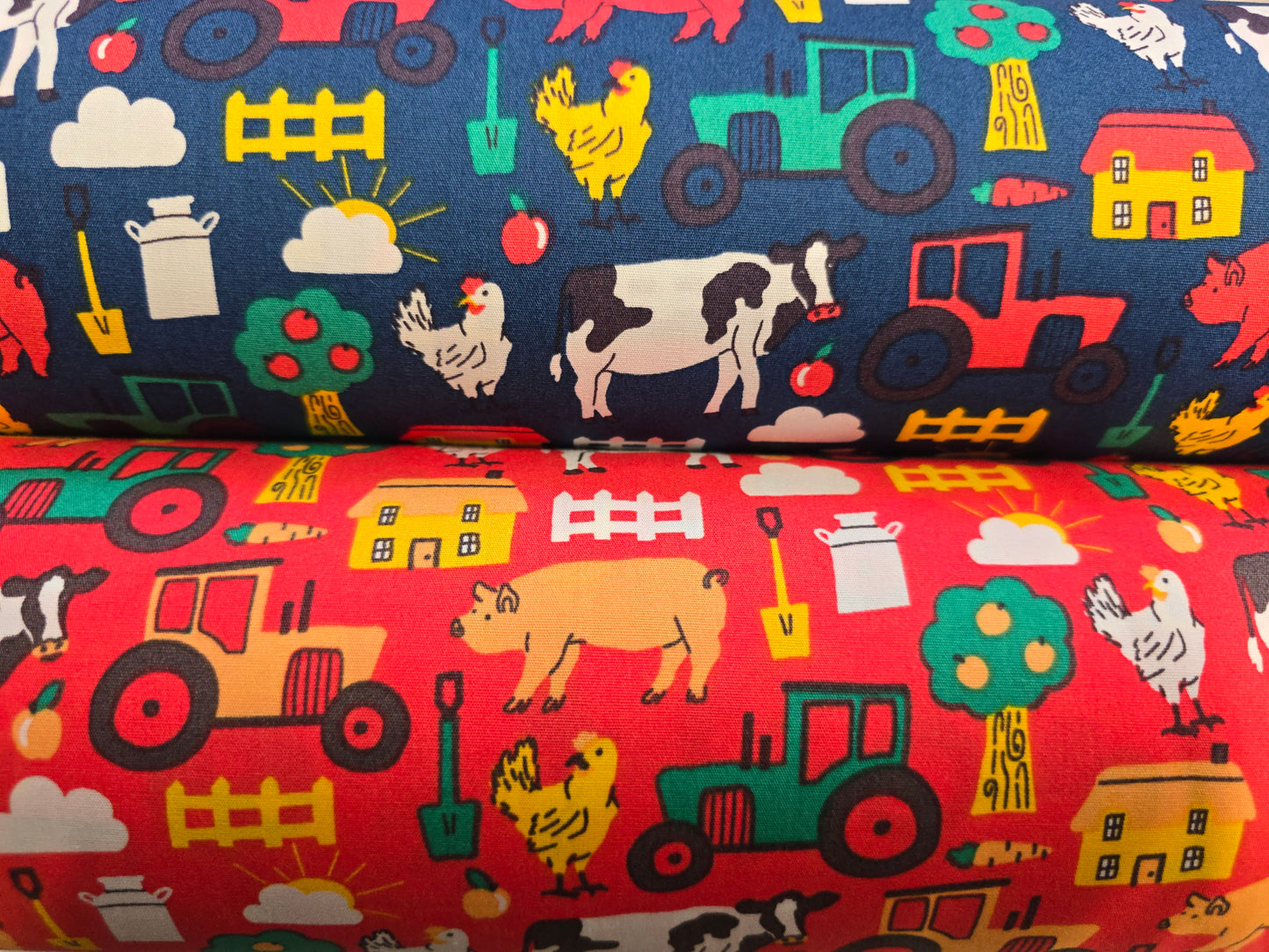 Rose and Hubble Farm Yard in Navy - Tractors Cows & Pigs 100% Cotton Poplin Fabric - 112cm Width