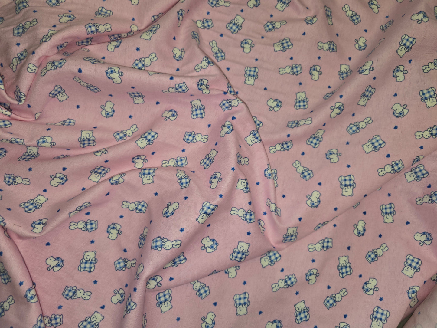 Brushed 100% Cotton Fabric - Blue Teddies & Bunnies on Pink - 88cm Width