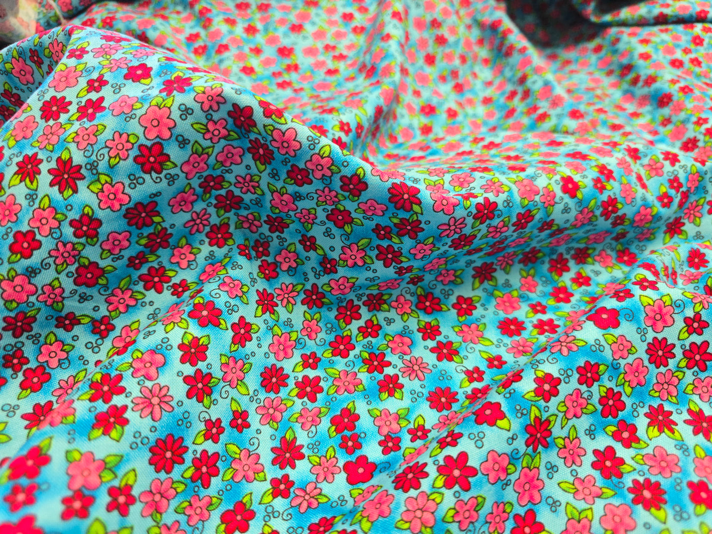 100% Cotton Sweet Pink Flowers on Blue Fabric - 138cm Wide - 3 metre Piece