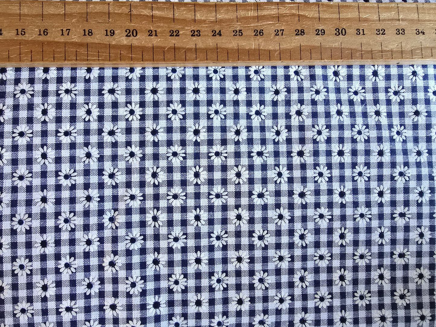 Polycotton Gingham Flower Blue 3mm Limited! Cotton Rich!