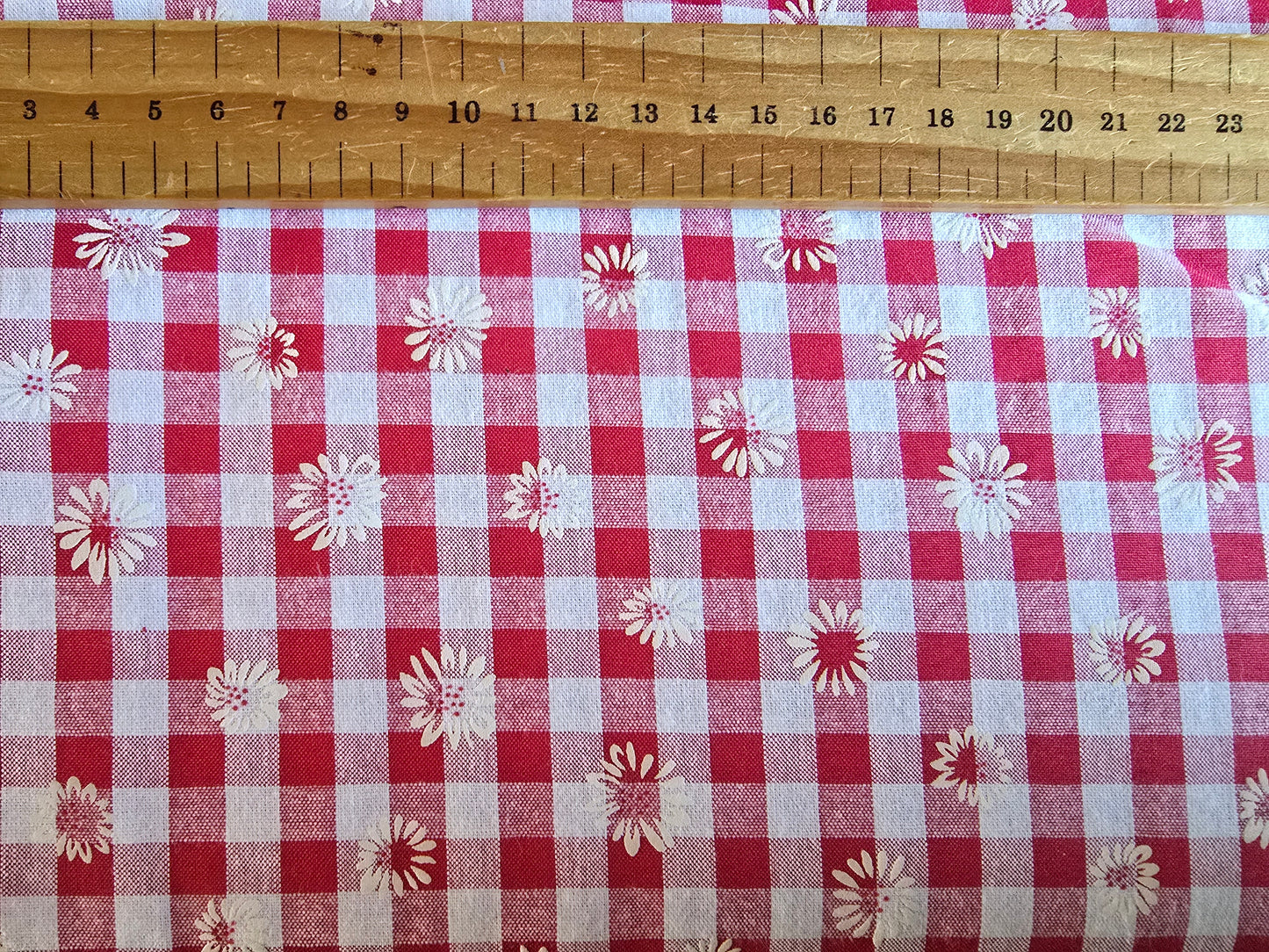 Red Gingham Fabric with White Flowers - 8mm Check Cotton Rich