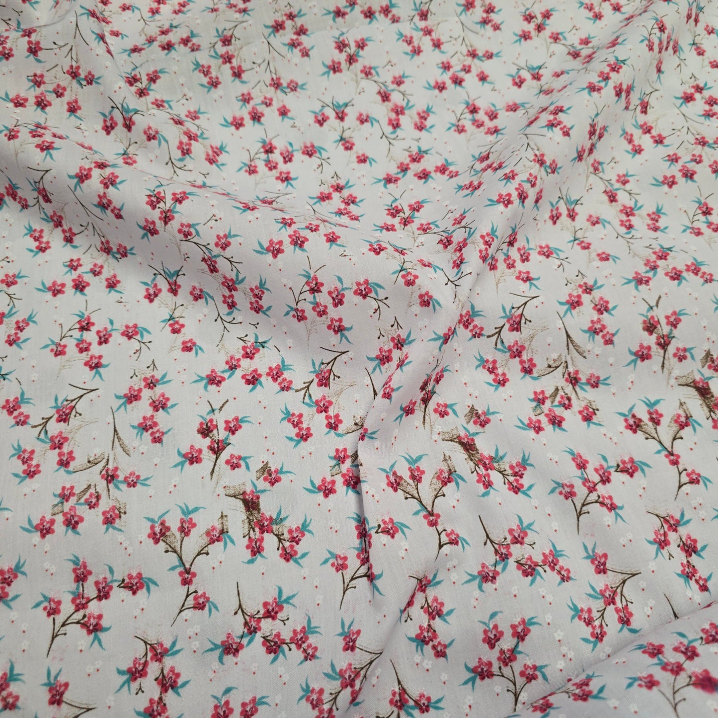 Polycotton Fabric Pretty Red & Blue Flowers on White | 112cm Wide