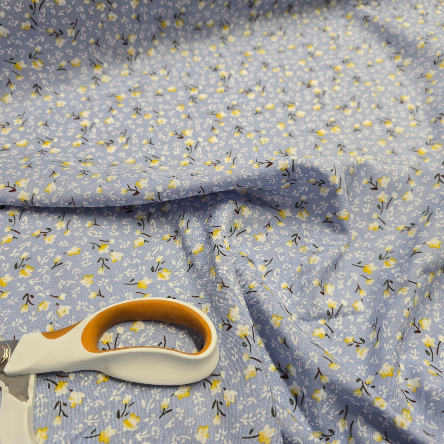 Viscose Dress Fabric Ditsy Blue and Yellow Floral 145cm Width