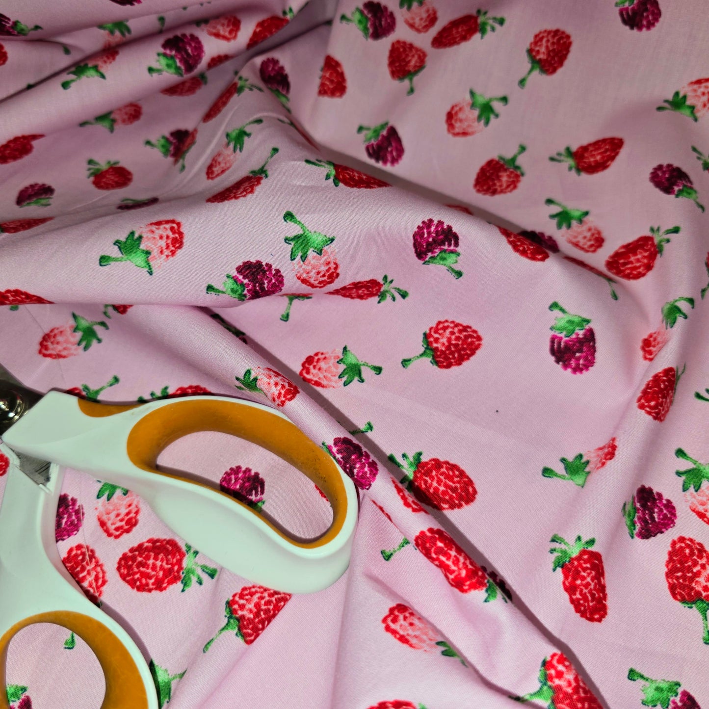 Red & Purple Raspberries on White 100% Cotton Poplin Fabric | 145cm Wide