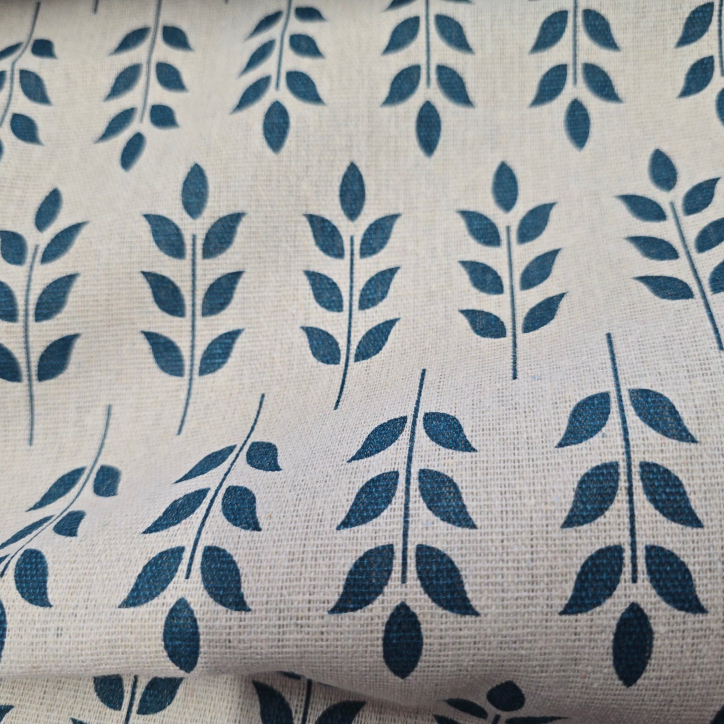 Cotton Mix Canvas Fabric - Teal Scandi Stem on Natural 150cm Width