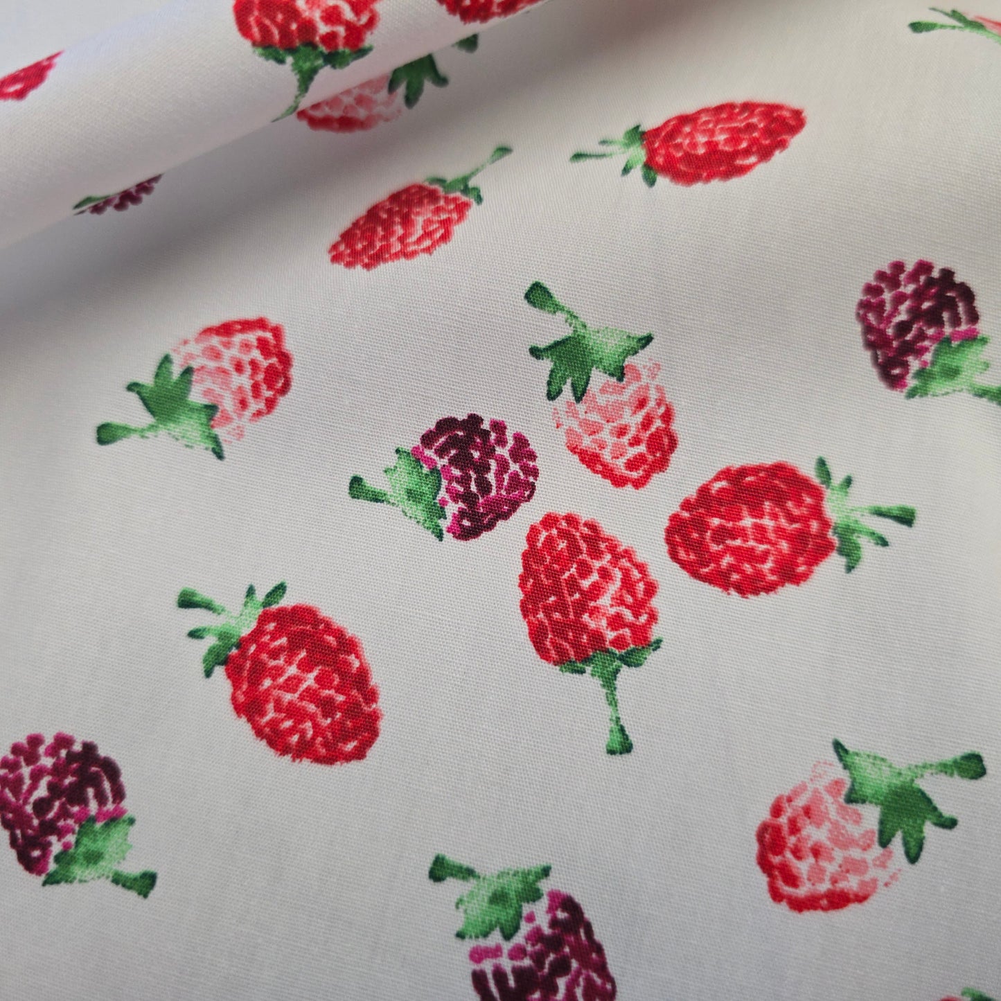 Red & Purple Raspberries on White 100% Cotton Poplin | 145cm Wide