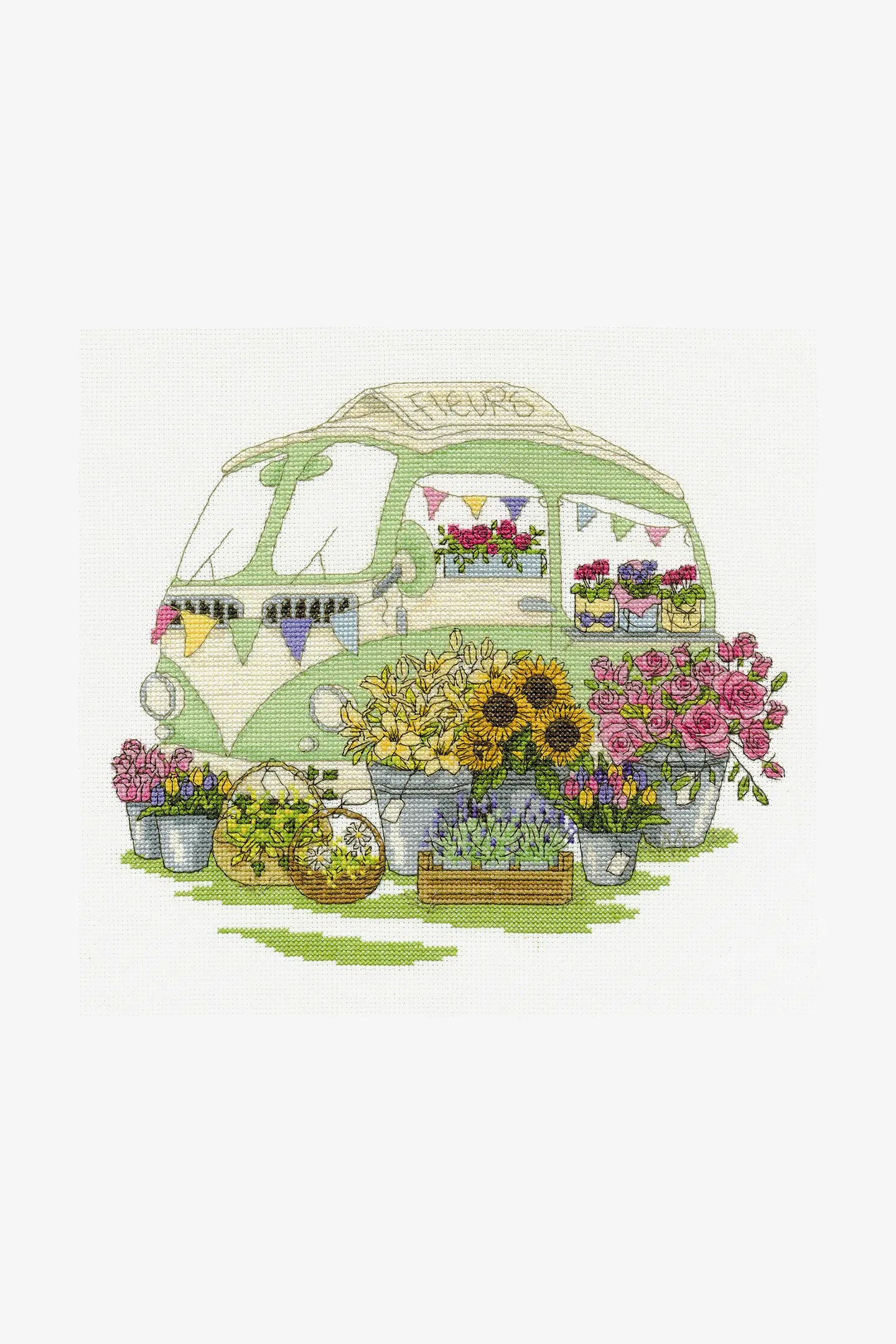 DMC Les Fleurs Flowers Around a Camper Cross Stitch Kit - 1960s Florist Van Design