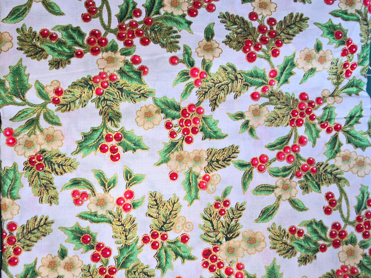 Christmas Holly with Gold Foil 100% Cotton Remnant