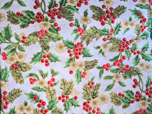 Christmas Holly with Gold Foil 100% Cotton Remnant