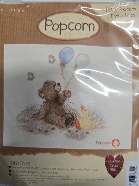 Popcorn Flying High by Groves Teddy with a balloon and a duck Cross Stitch Kit