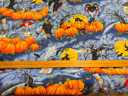 Halloween Witches Pumpkins with Cats Blue 100% Cotton 137cm width
