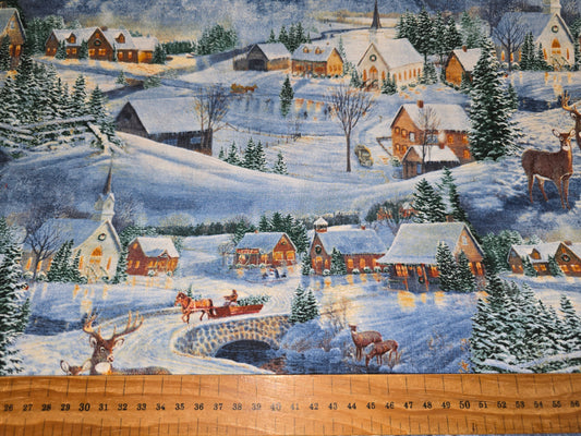 Springs Creative Christmas Deer Winter Village Cotton Fabric 112cm - Festive Holiday