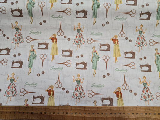 Simplicity Vintage Ladies Sewing Cotton Fabric 112cm - Retro Fashion Theme
