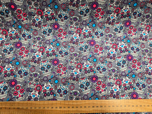 Rose and Hubble Sugar Skulls Grey 100% Cotton Poplin Fabric - 112cm Wide