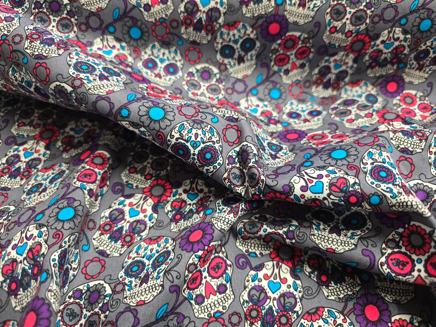 Rose and Hubble Sugar Skulls Grey 100% Cotton Poplin Fabric - 112cm Wide