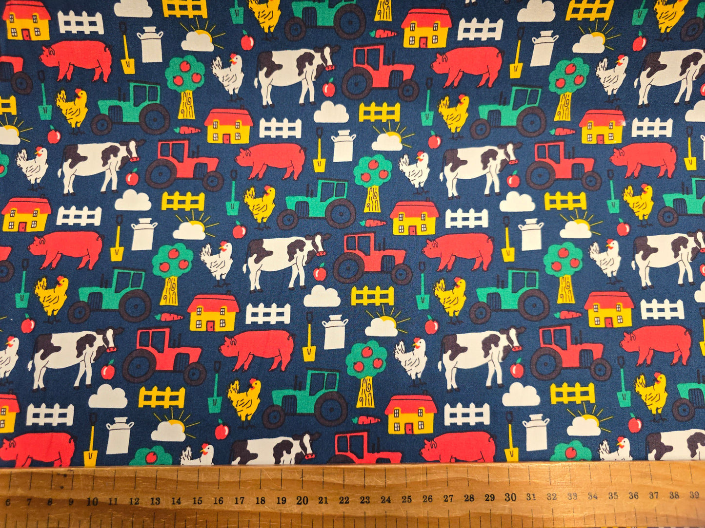 Rose and Hubble Farm Yard in Navy - Tractors Cows & Pigs 100% Cotton Poplin Fabric - 112cm Width