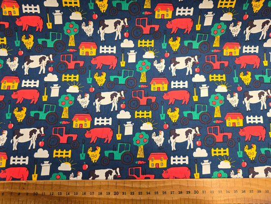 Rose and Hubble Farm Yard in Navy - Tractors Cows & Pigs 100% Cotton Poplin Fabric - 112cm Width