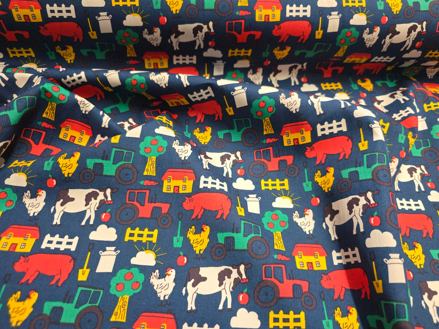 Rose and Hubble Farm Yard in Navy - Tractors Cows & Pigs 100% Cotton Poplin Fabric - 112cm Width
