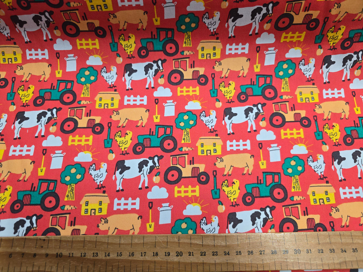 Rose and Hubble Farm Yard in Red - Tractors, Cows & Pigs 100% Cotton Poplin Fabric - 112cm Wide