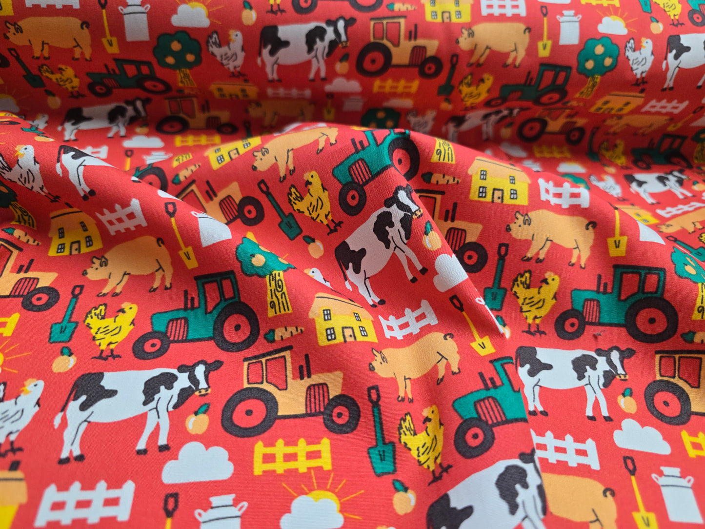Rose and Hubble Farm Yard in Red - Tractors, Cows & Pigs 100% Cotton Poplin Fabric - 112cm Wide