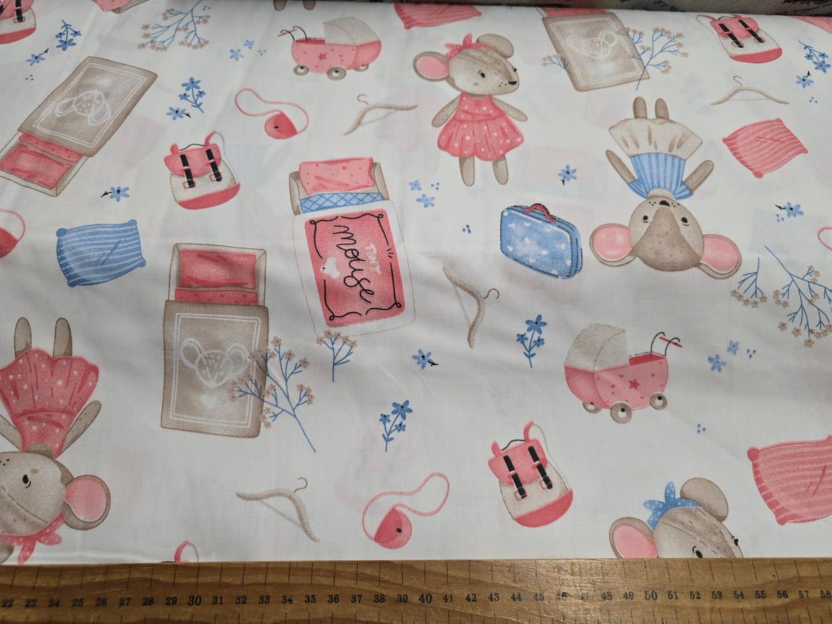 Mouse And Raspberry Fabric Dressed Mouse in Pink Cotton Fabric 160cm Wide | Eastgate Fabrics
