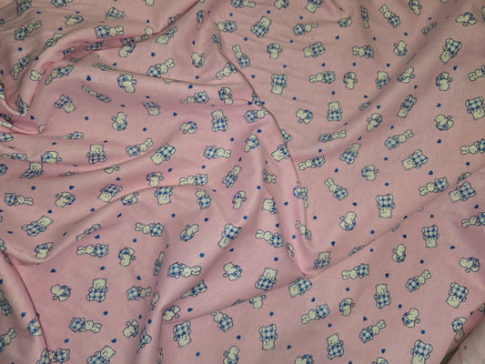 Brushed 100% Cotton Fabric - Blue Teddies & Bunnies on Pink - 88cm Width
