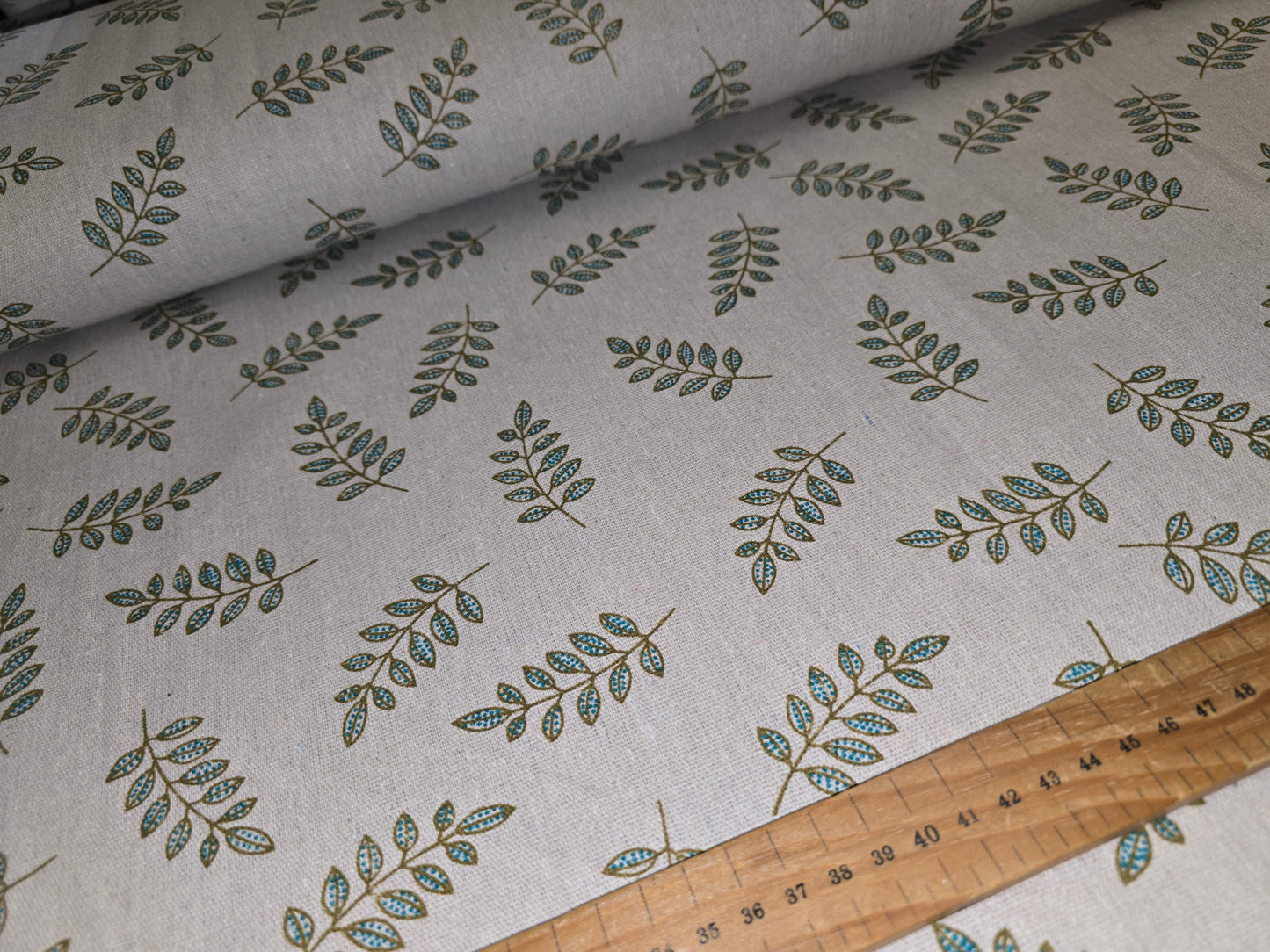 Cotton Mix Canvas - Green Leaves on Natural 150cm Width