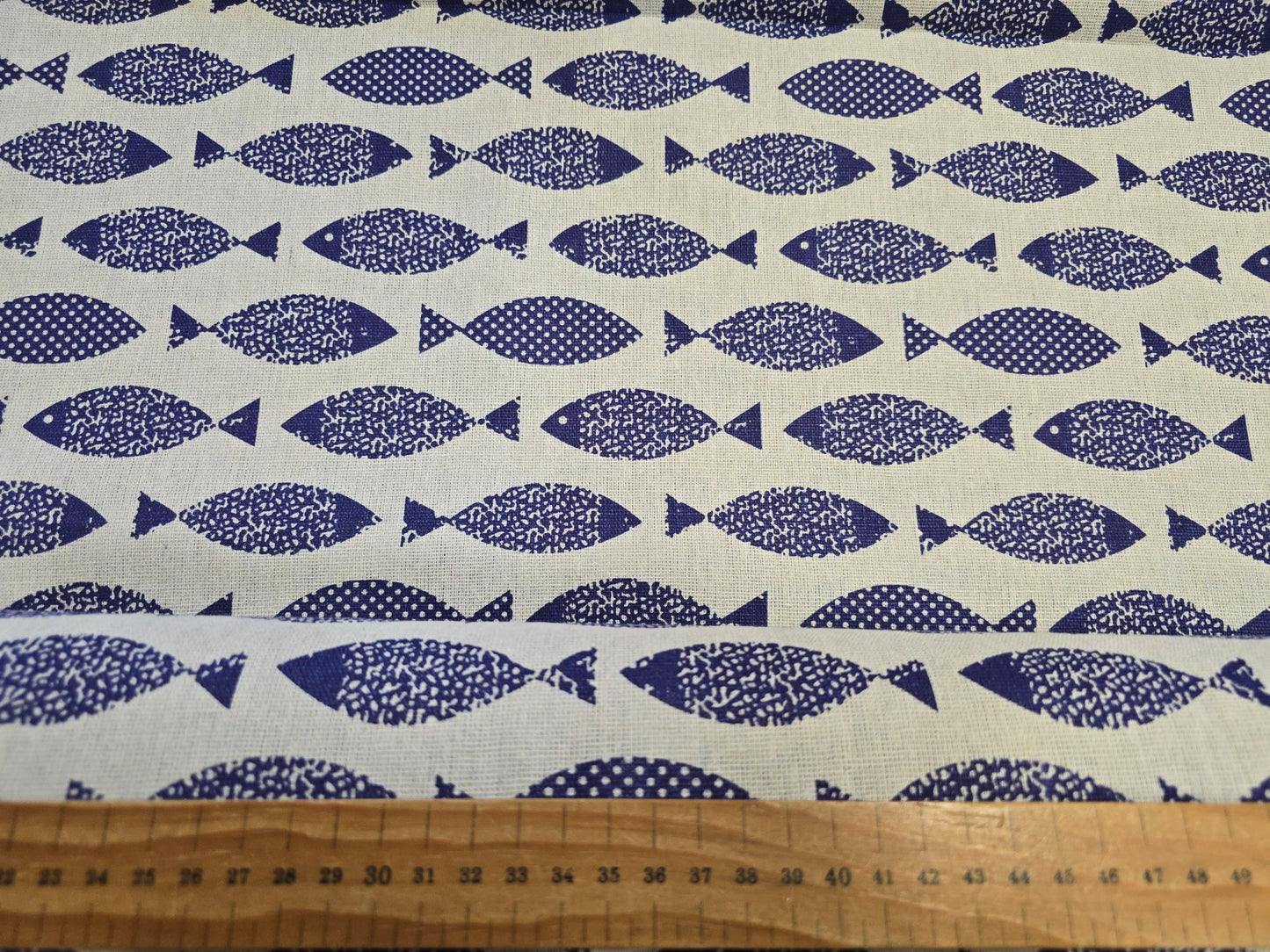 Cotton Mix Canvas - Blue Swimming Fish Print on Natural 150cm Width