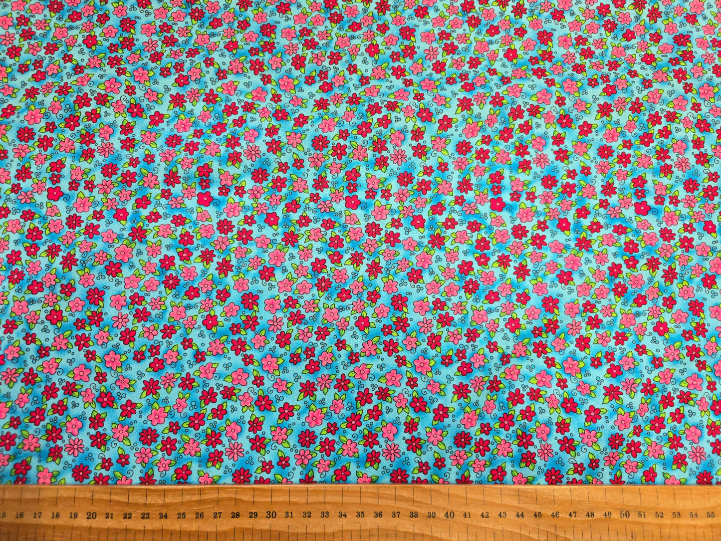 100% Cotton Sweet Pink Flowers on Blue Fabric - 138cm Wide - 3 metre Piece