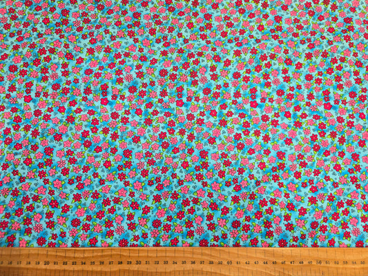 100% Cotton Sweet Pink Flowers on Blue Fabric - 138cm Wide - 3 metre Piece