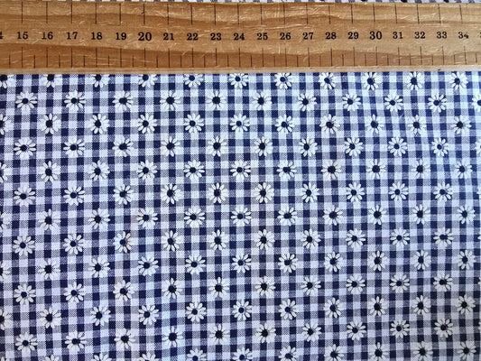 Polycotton Gingham Flower Blue 3mm Limited! Cotton Rich!