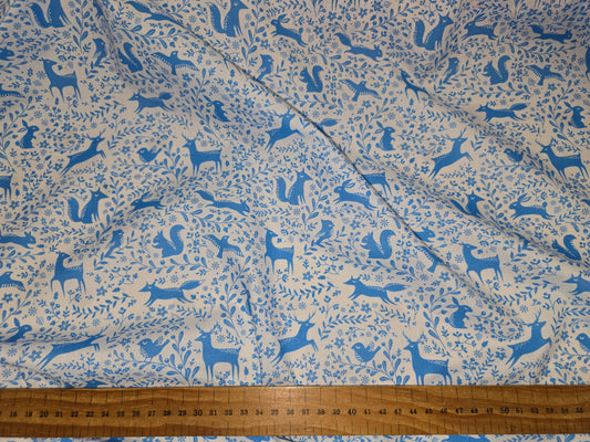 Polycotton Christmas Fabric Woodland Animals Blue 112cm width