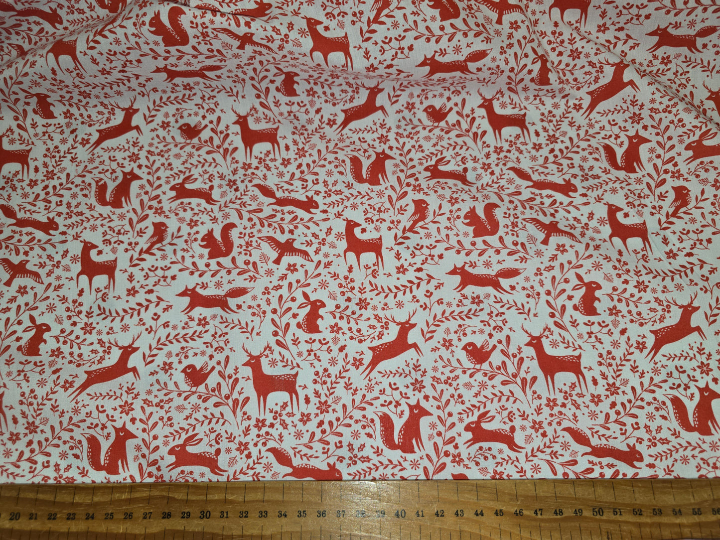 Polycotton Christmas Fabric Woodland Animals Red 112cm width