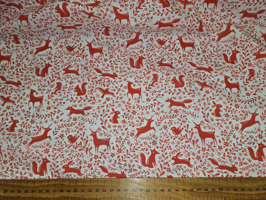 Polycotton Christmas Fabric Woodland Animals Red 112cm width