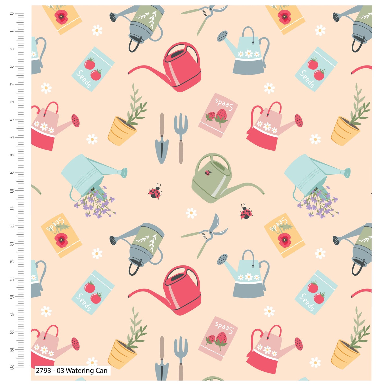 Craft Cotton Company Watering Cans Print on Peach - 112cm Width