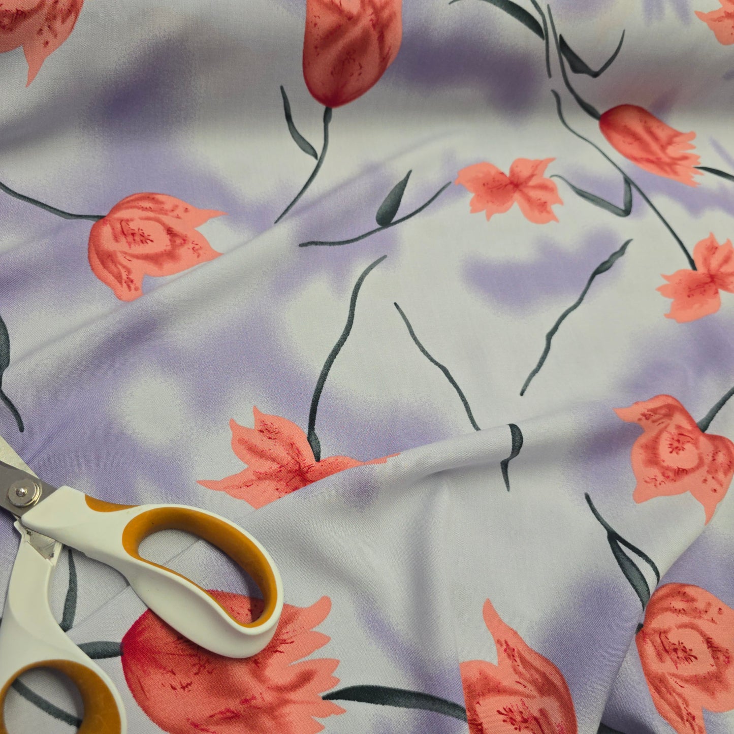 Viscose Dress Fabric Coral Pink Flowers on Lilac and Light Blue 145cm Width