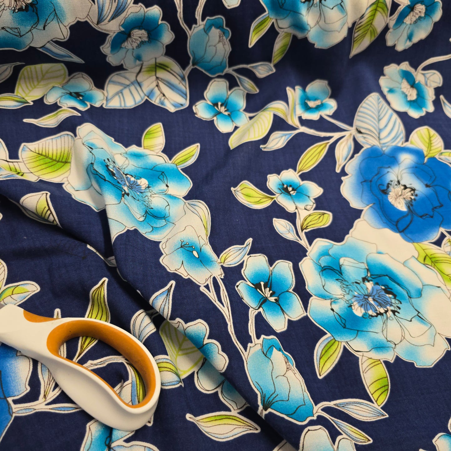 Viscose Dress Fabric Multi Blue Flowers on Navy Blue 145cm Width
