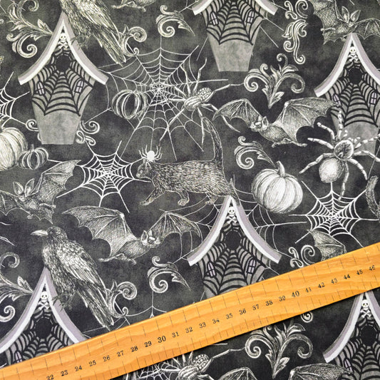 Studio Fabrics Fear Factory Haunted Bats Cats Spiders Black 8339