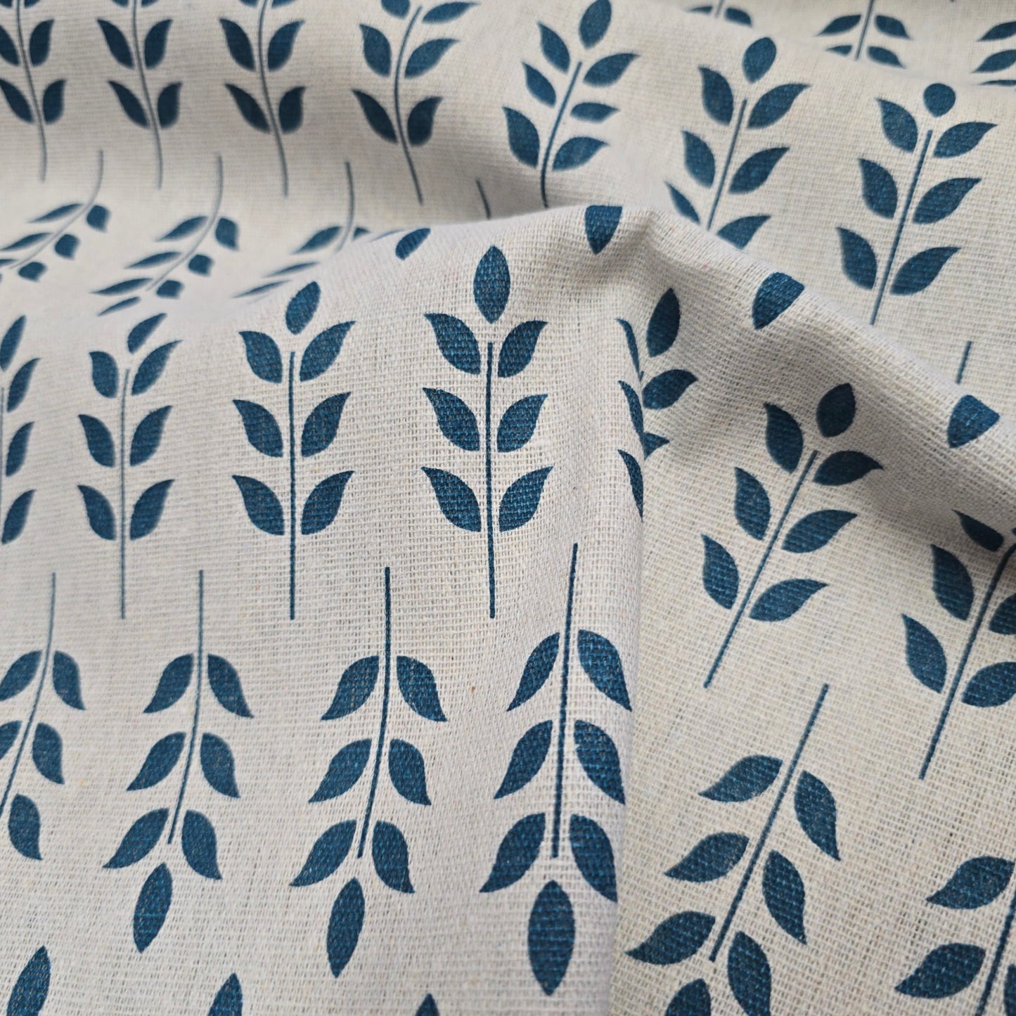 Cotton Mix Canvas Fabric - Teal Scandi Stem on Natural 150cm Width
