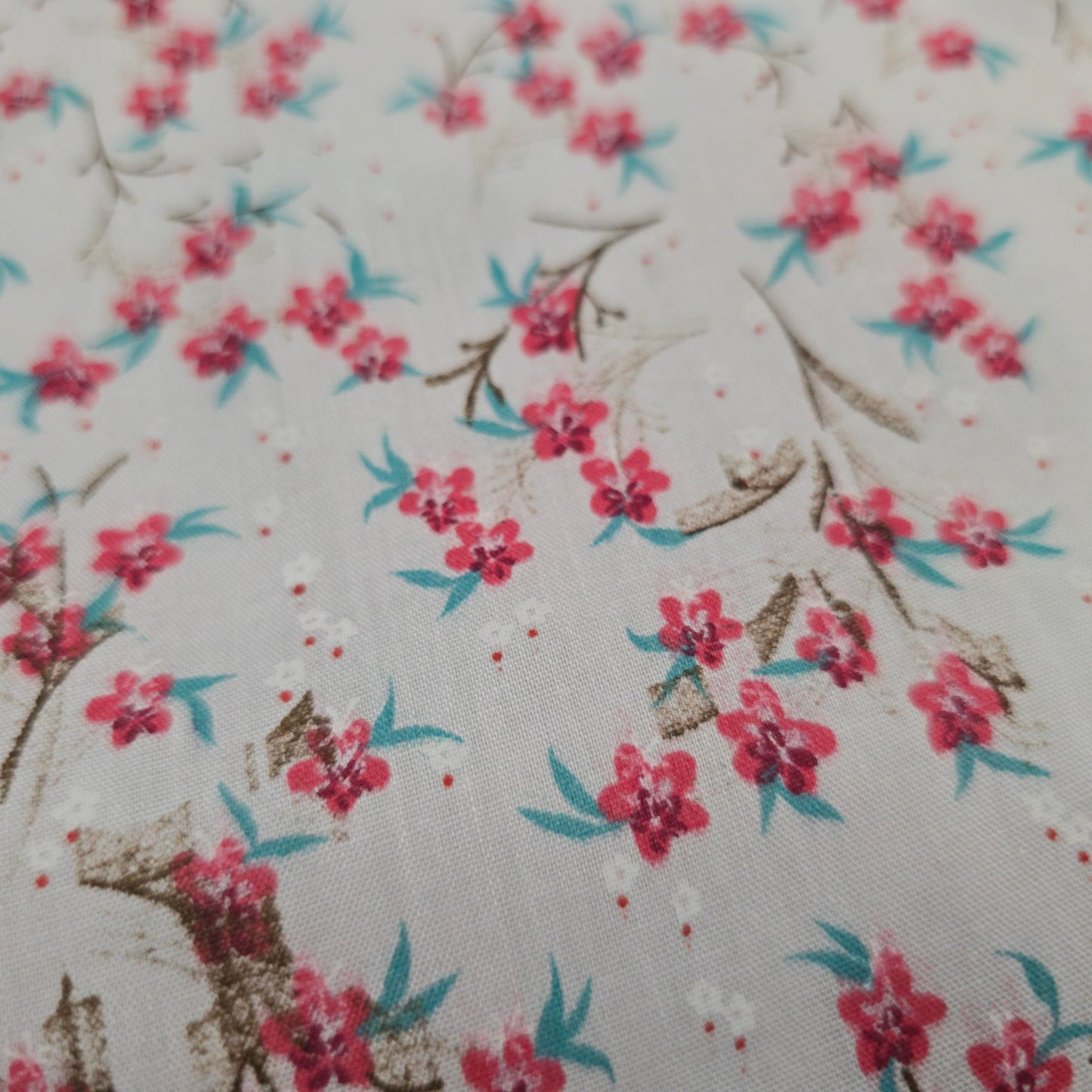 Polycotton Fabric Pretty Red & Blue Flowers on White | 112cm Wide