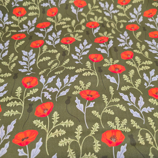 Craft Cotton Company Poppy Meadow on Green - 112cm Wide