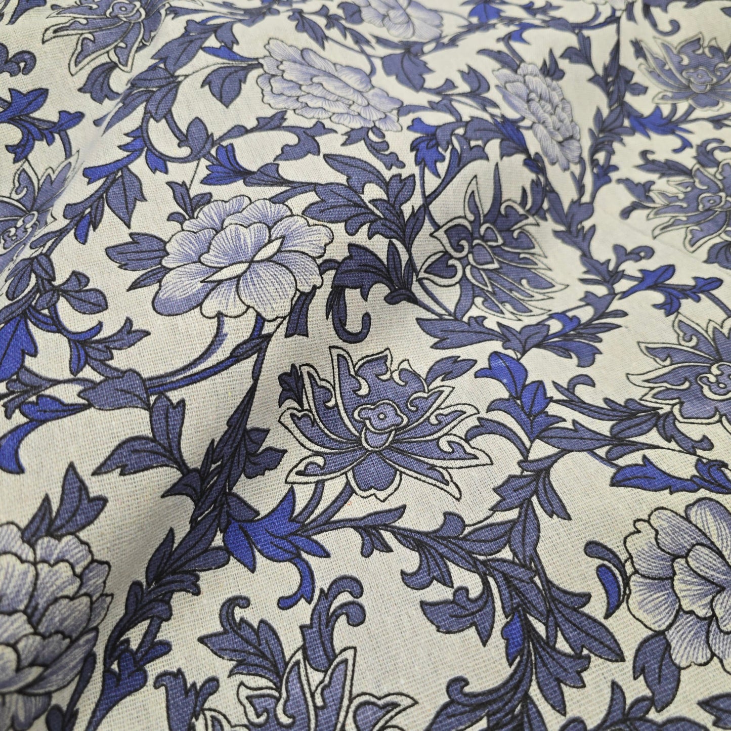 Cotton Mix Canvas Fabric - Blue Floral on Natural 150cm Width