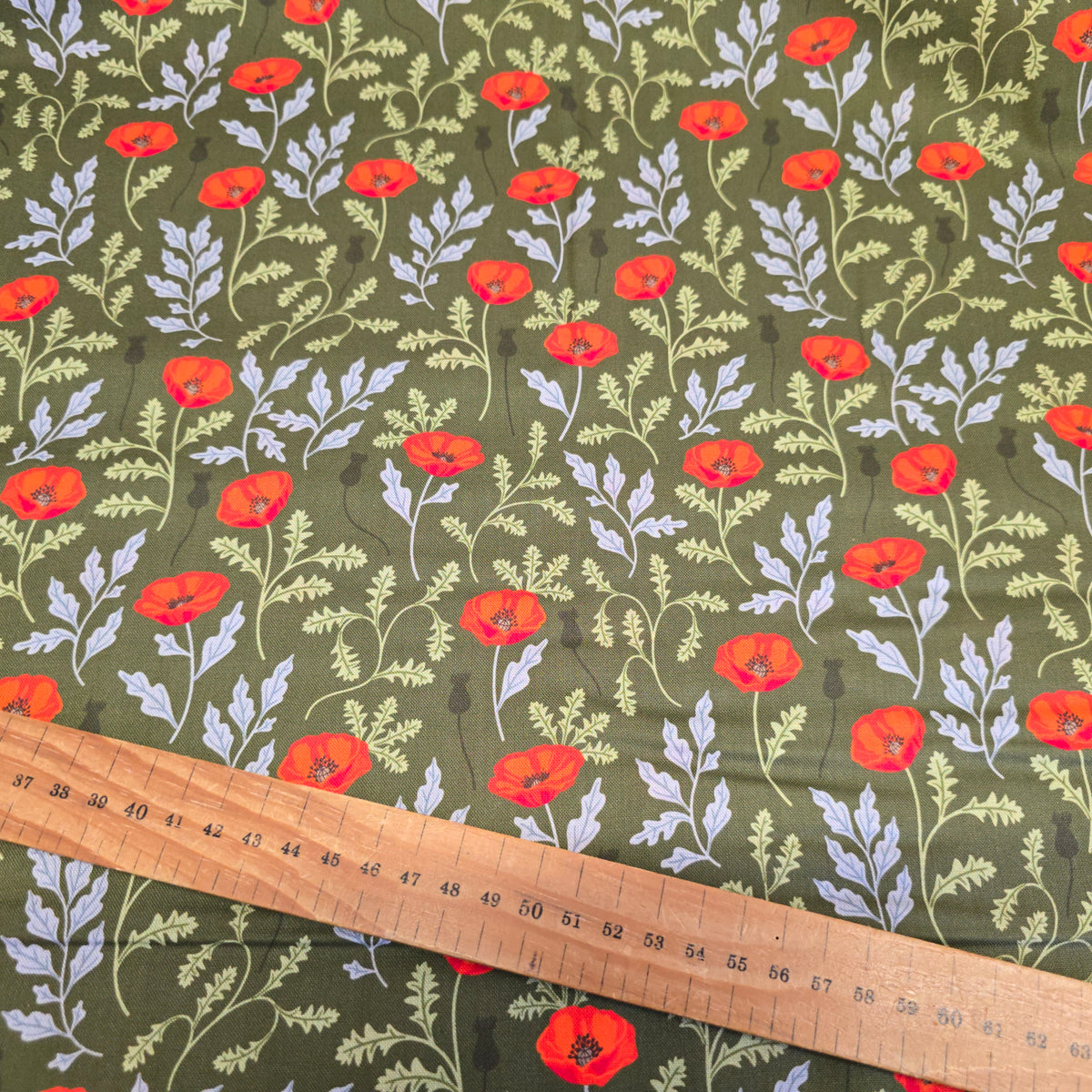 Craft Cotton Company Poppy Meadow on Green - 112cm Wide