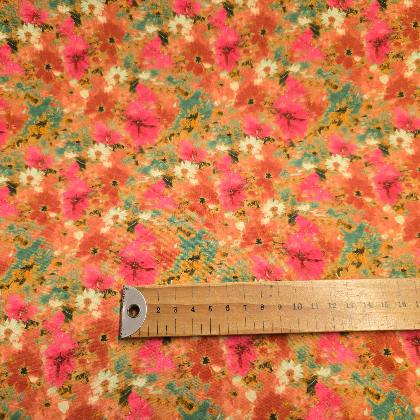 Make + Believe Pink Petals with Greens & Warm Orange Base 100% Cotton Fabric 112cm