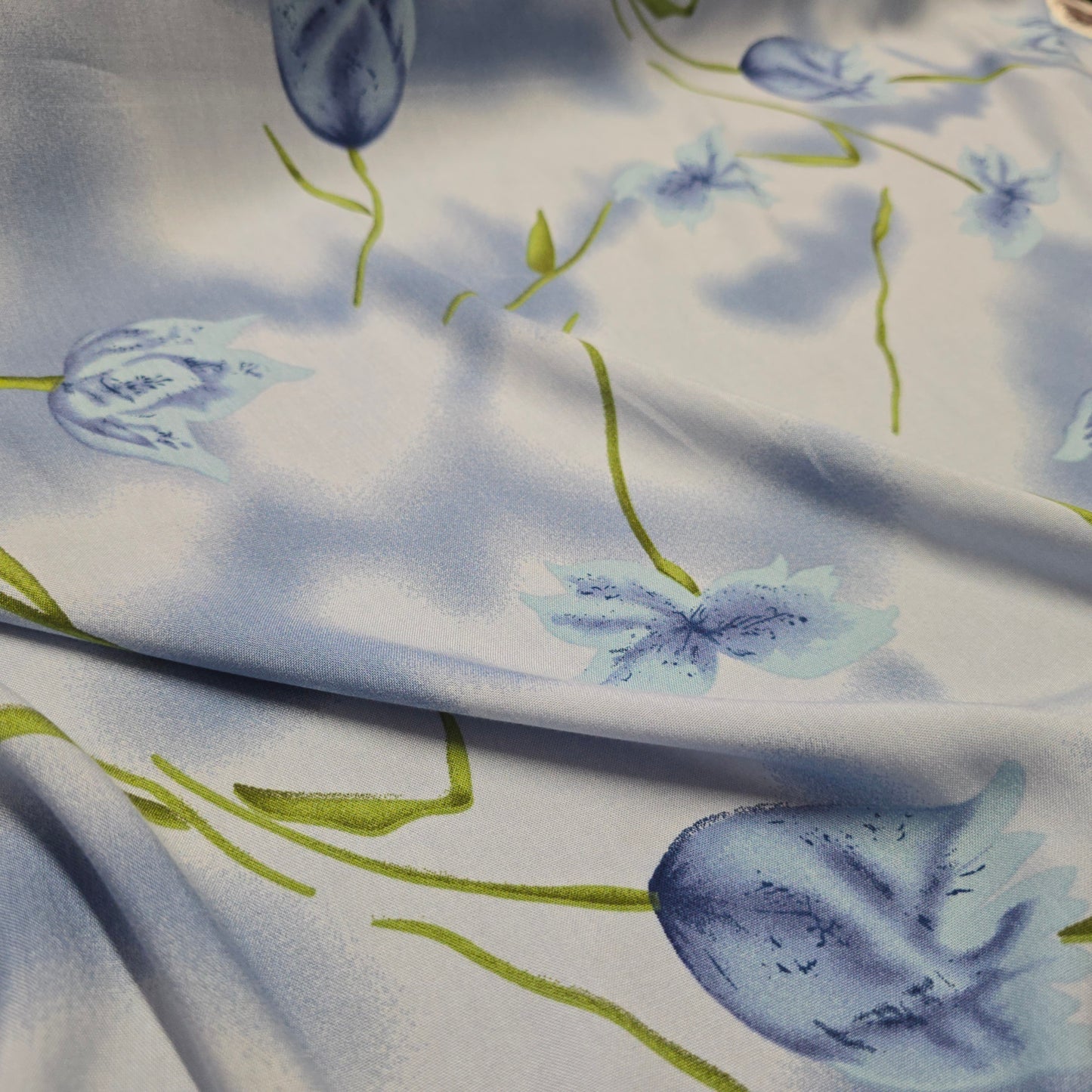 Viscose Dress Fabric Summer Blue and Green Flowers on Blue 145cm Width